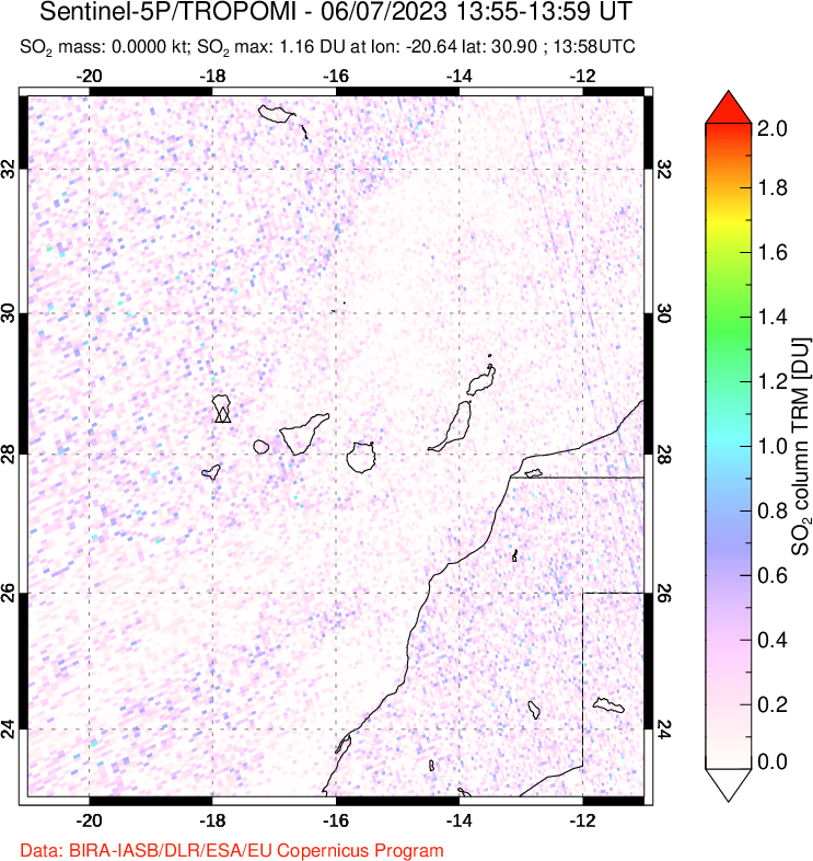 A sulfur dioxide image over Canary Islands on Jun 07, 2023.