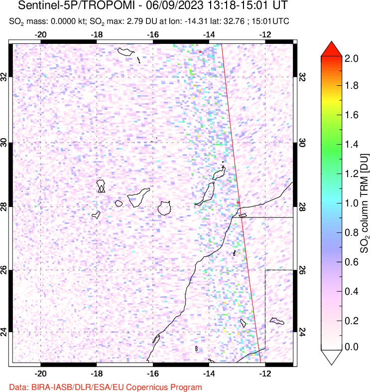 A sulfur dioxide image over Canary Islands on Jun 09, 2023.