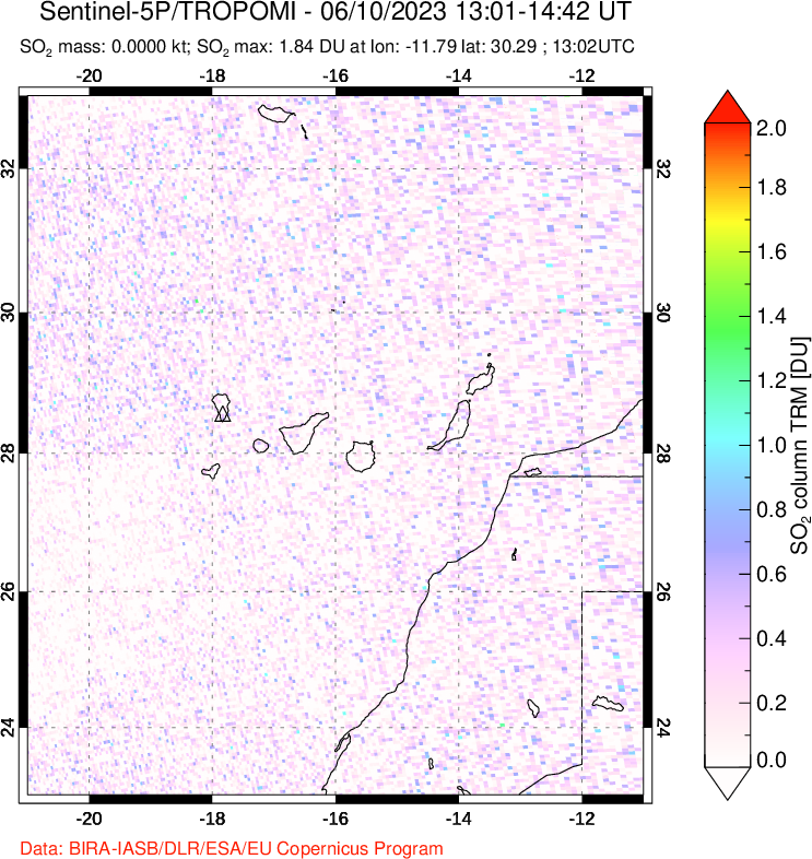 A sulfur dioxide image over Canary Islands on Jun 10, 2023.