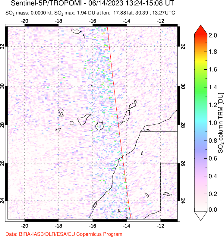 A sulfur dioxide image over Canary Islands on Jun 14, 2023.