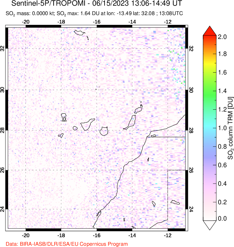 A sulfur dioxide image over Canary Islands on Jun 15, 2023.