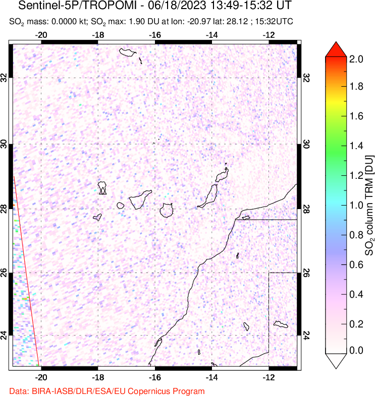 A sulfur dioxide image over Canary Islands on Jun 18, 2023.