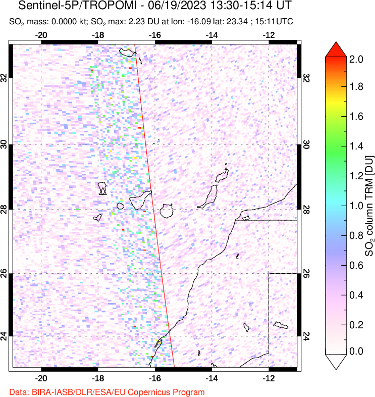 A sulfur dioxide image over Canary Islands on Jun 19, 2023.