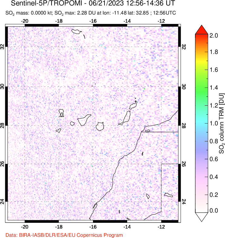 A sulfur dioxide image over Canary Islands on Jun 21, 2023.