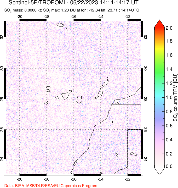 A sulfur dioxide image over Canary Islands on Jun 22, 2023.