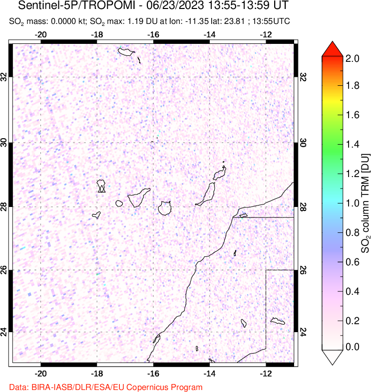 A sulfur dioxide image over Canary Islands on Jun 23, 2023.