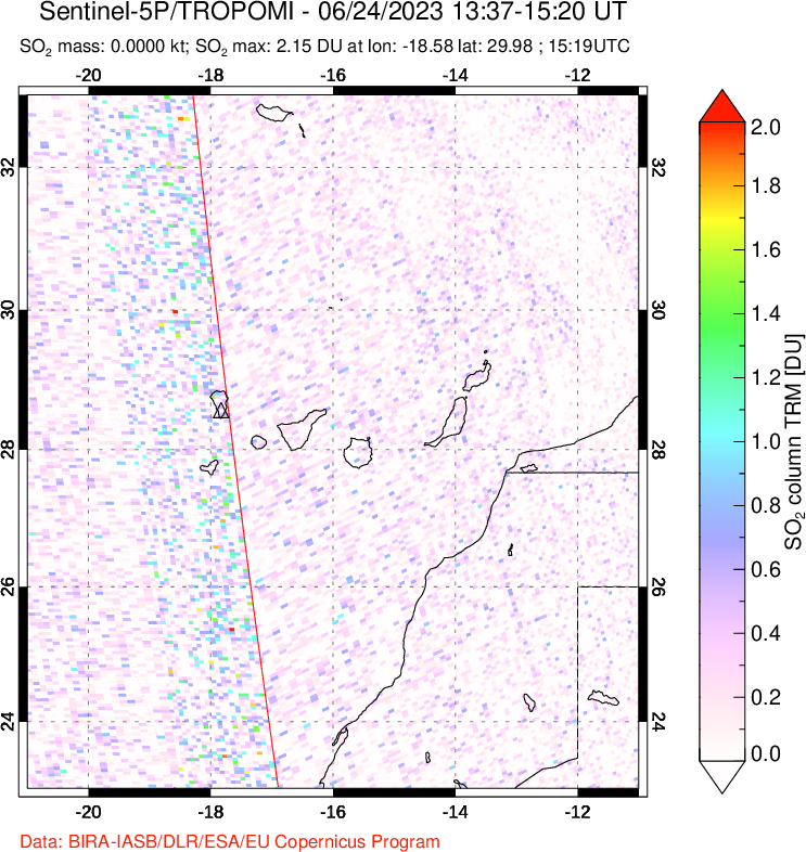 A sulfur dioxide image over Canary Islands on Jun 24, 2023.