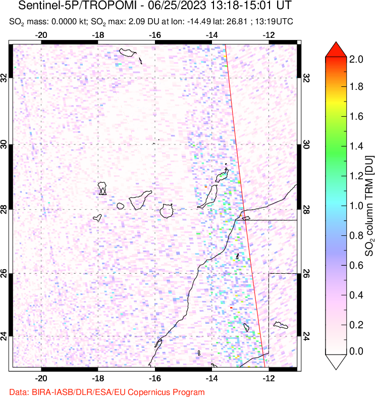 A sulfur dioxide image over Canary Islands on Jun 25, 2023.