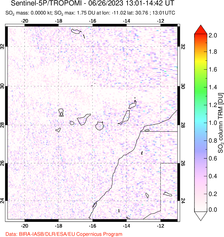 A sulfur dioxide image over Canary Islands on Jun 26, 2023.