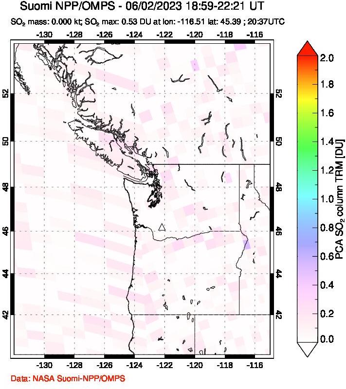 A sulfur dioxide image over Cascade Range, USA on Jun 02, 2023.
