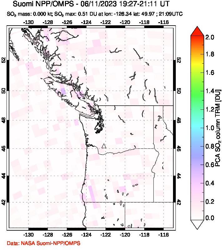 A sulfur dioxide image over Cascade Range, USA on Jun 11, 2023.