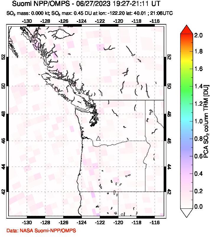 A sulfur dioxide image over Cascade Range, USA on Jun 27, 2023.