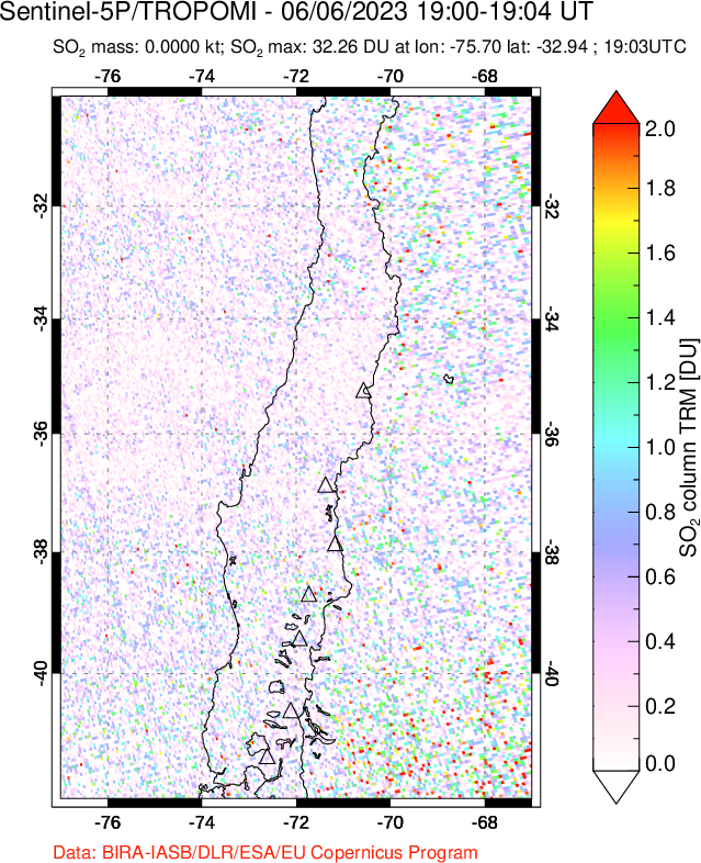 A sulfur dioxide image over Central Chile on Jun 06, 2023.