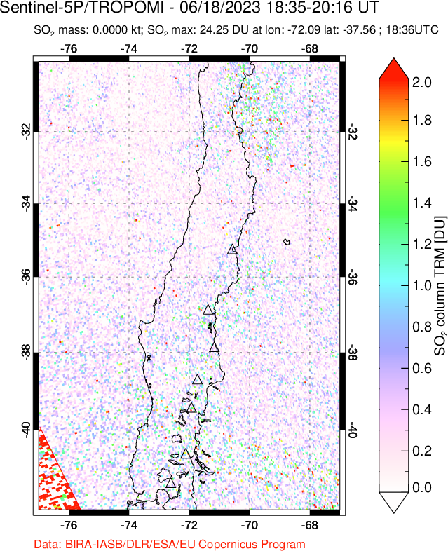 A sulfur dioxide image over Central Chile on Jun 18, 2023.