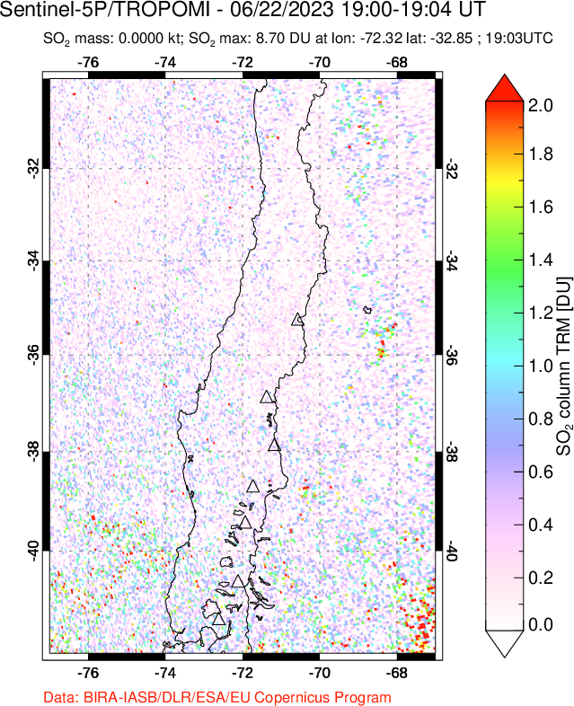 A sulfur dioxide image over Central Chile on Jun 22, 2023.