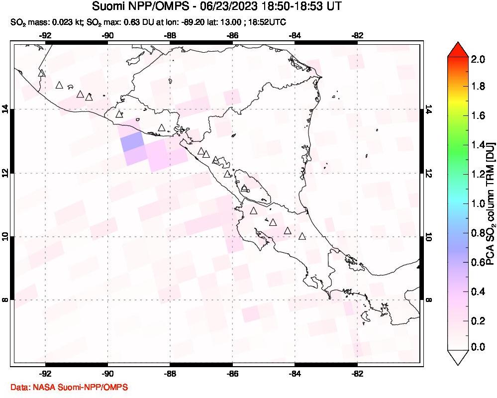 A sulfur dioxide image over Central America on Jun 23, 2023.