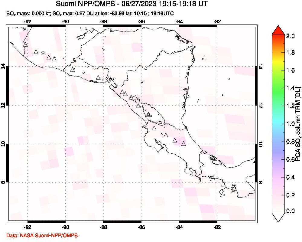 A sulfur dioxide image over Central America on Jun 27, 2023.