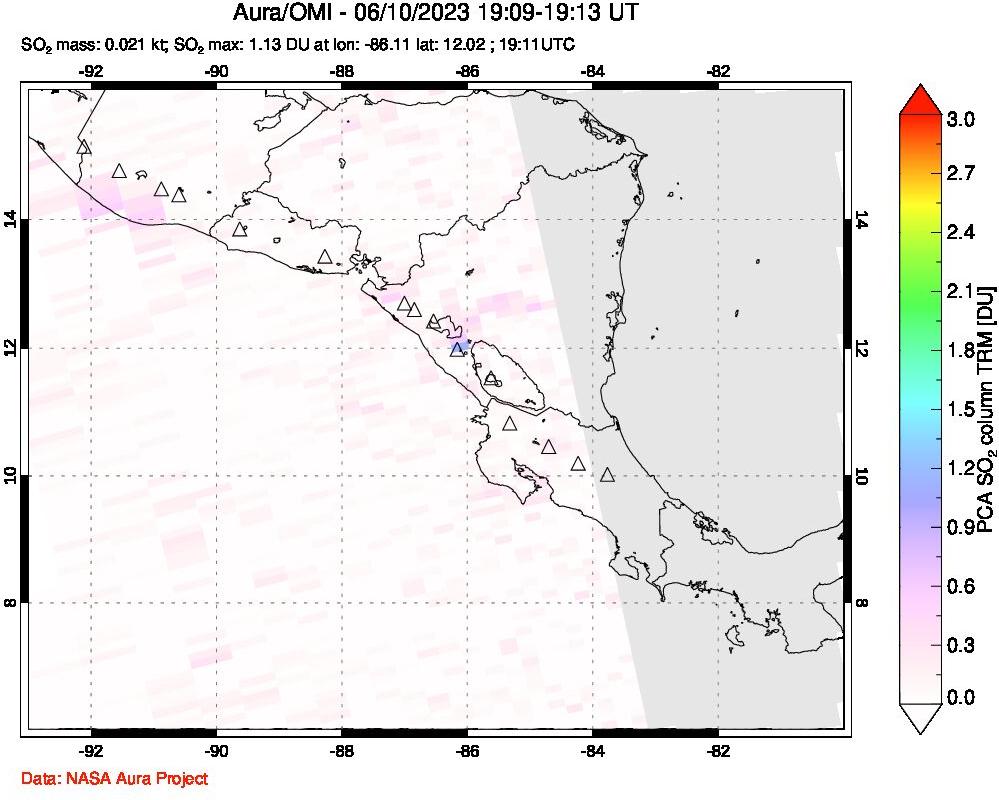 A sulfur dioxide image over Central America on Jun 10, 2023.