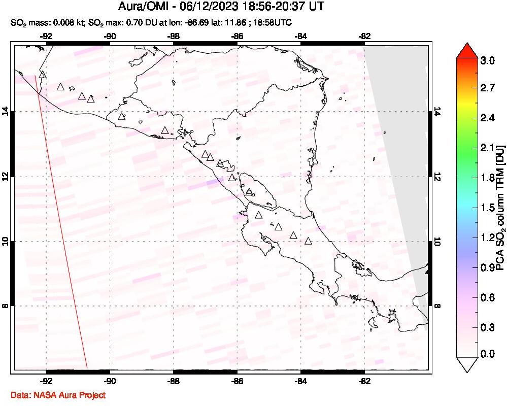 A sulfur dioxide image over Central America on Jun 12, 2023.