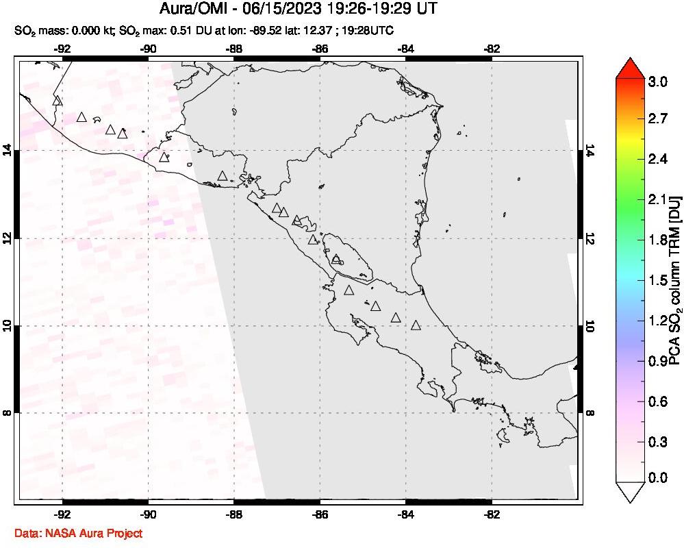 A sulfur dioxide image over Central America on Jun 15, 2023.