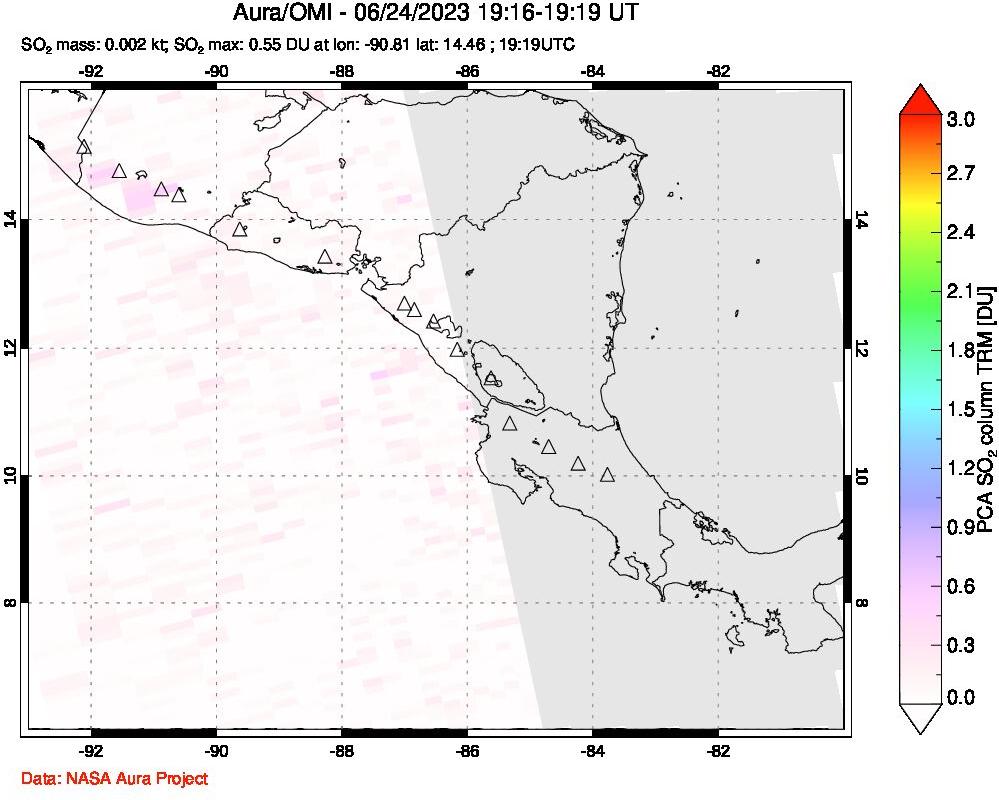 A sulfur dioxide image over Central America on Jun 24, 2023.