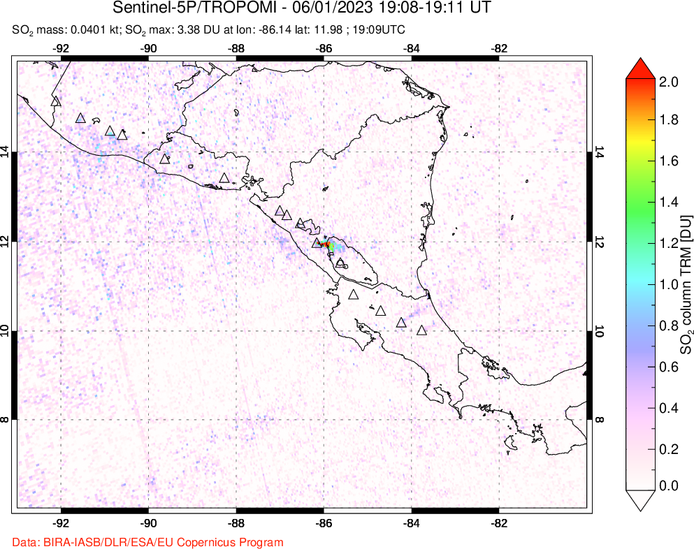 A sulfur dioxide image over Central America on Jun 01, 2023.