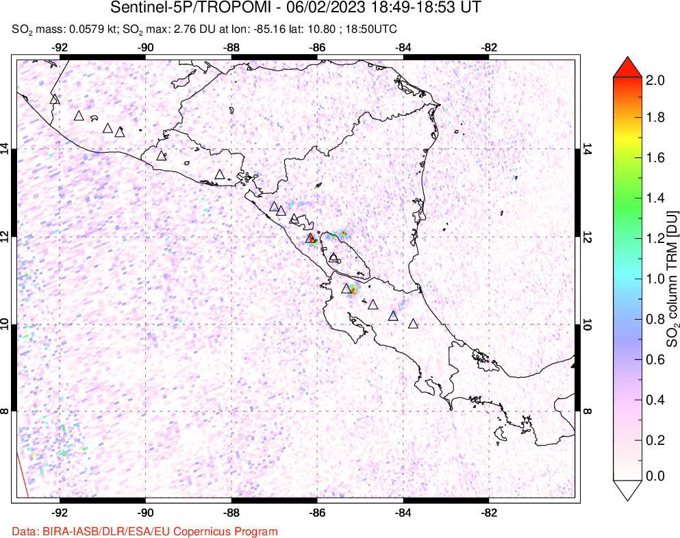 A sulfur dioxide image over Central America on Jun 02, 2023.