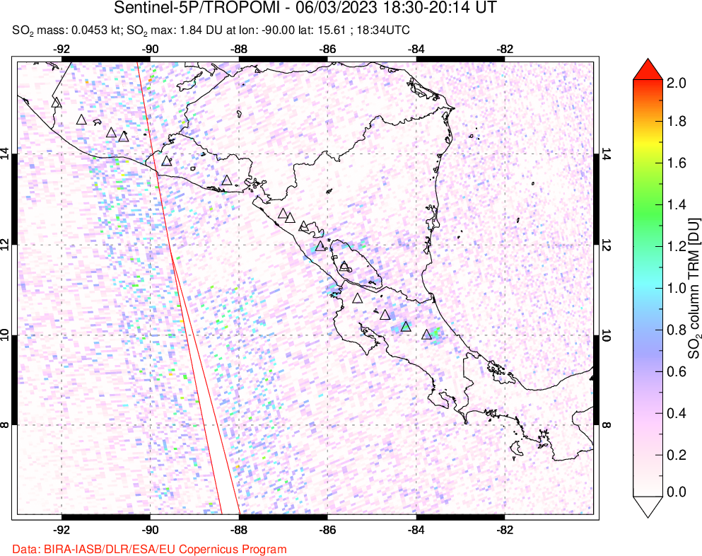 A sulfur dioxide image over Central America on Jun 03, 2023.