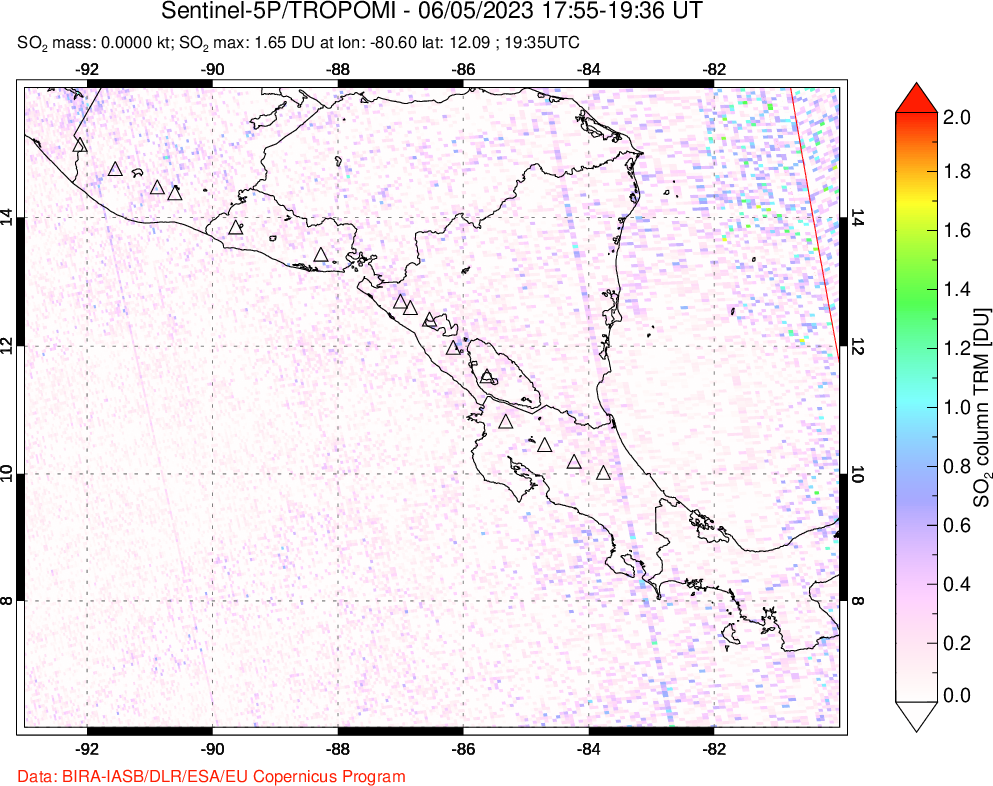 A sulfur dioxide image over Central America on Jun 05, 2023.