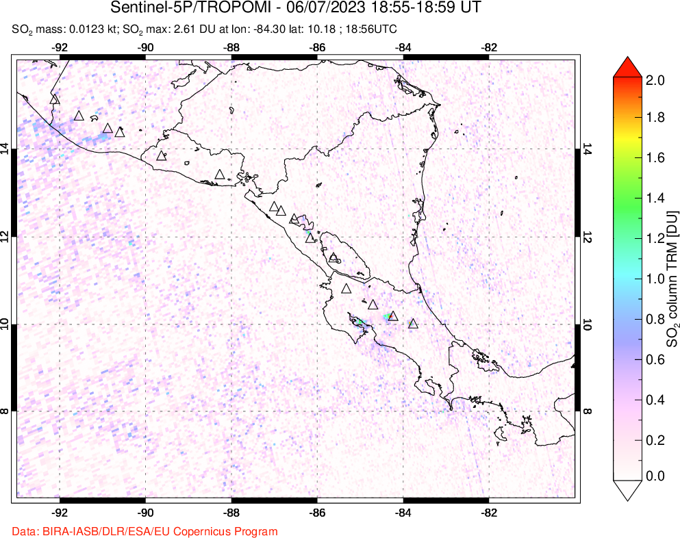 A sulfur dioxide image over Central America on Jun 07, 2023.