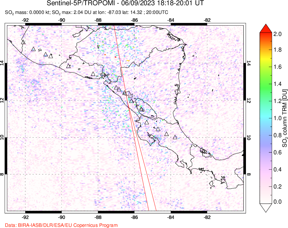 A sulfur dioxide image over Central America on Jun 09, 2023.