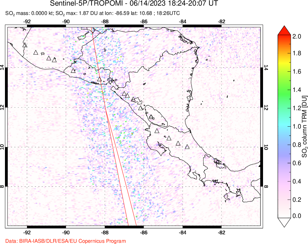 A sulfur dioxide image over Central America on Jun 14, 2023.