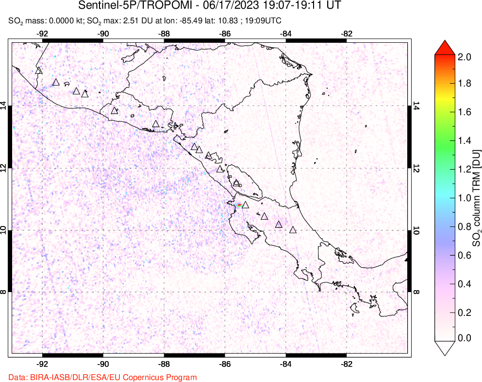 A sulfur dioxide image over Central America on Jun 17, 2023.