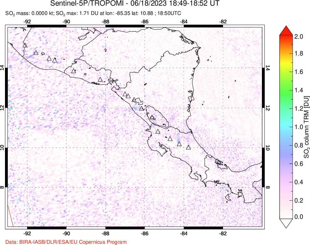 A sulfur dioxide image over Central America on Jun 18, 2023.