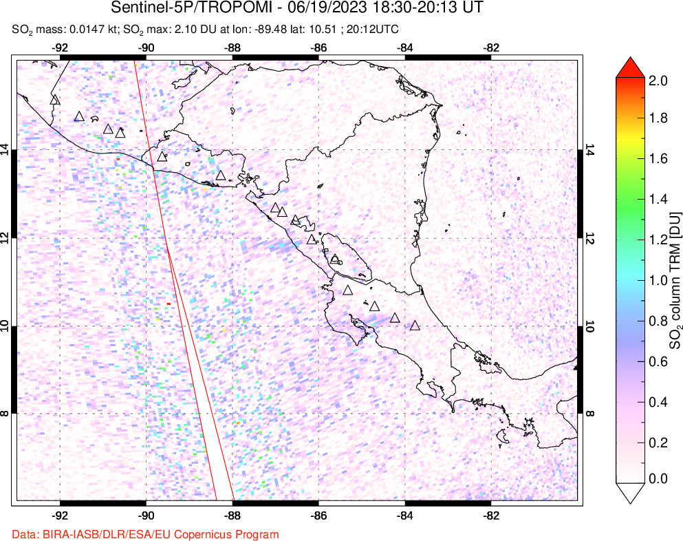 A sulfur dioxide image over Central America on Jun 19, 2023.