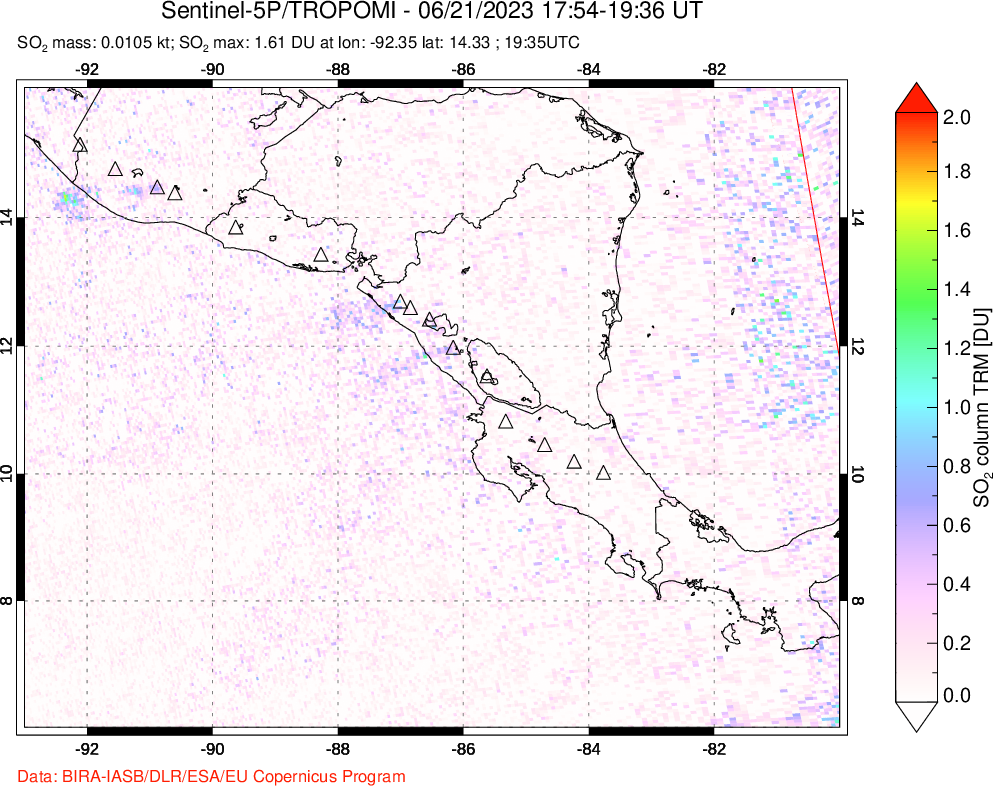 A sulfur dioxide image over Central America on Jun 21, 2023.
