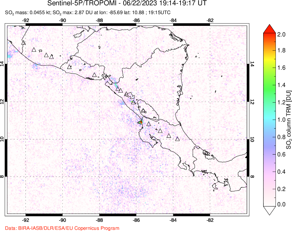 A sulfur dioxide image over Central America on Jun 22, 2023.