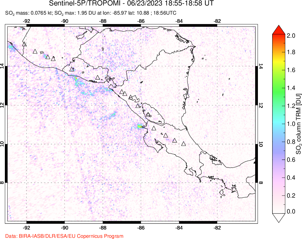 A sulfur dioxide image over Central America on Jun 23, 2023.