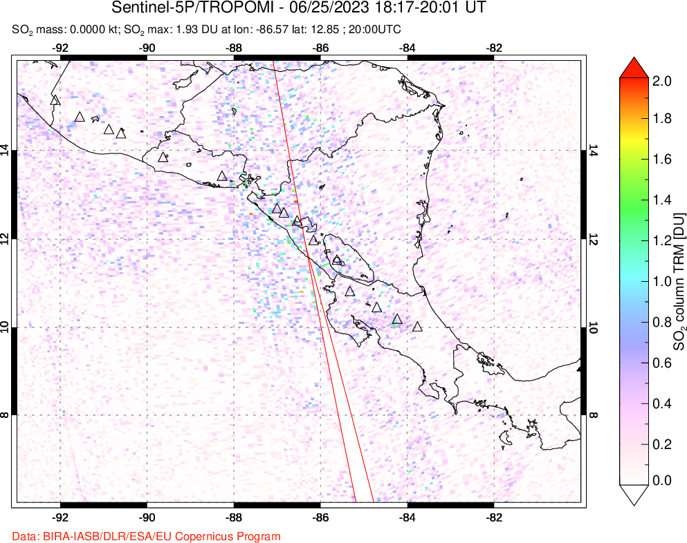 A sulfur dioxide image over Central America on Jun 25, 2023.