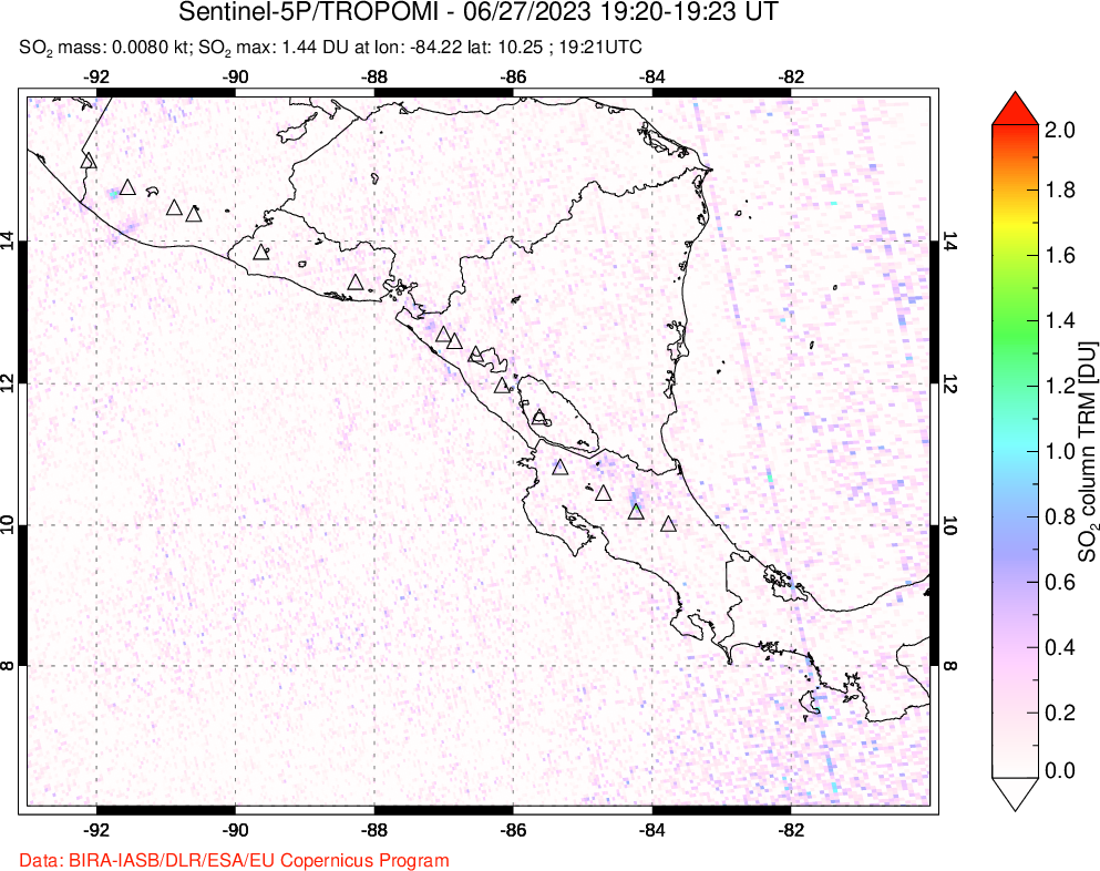 A sulfur dioxide image over Central America on Jun 27, 2023.