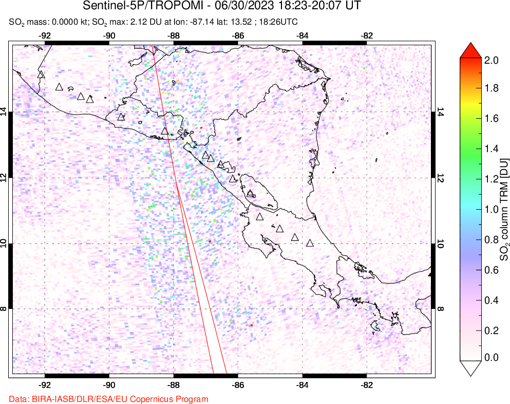 A sulfur dioxide image over Central America on Jun 30, 2023.