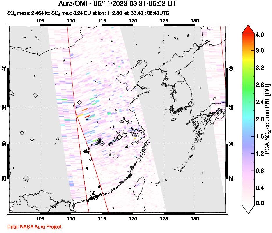 A sulfur dioxide image over Eastern China on Jun 11, 2023.