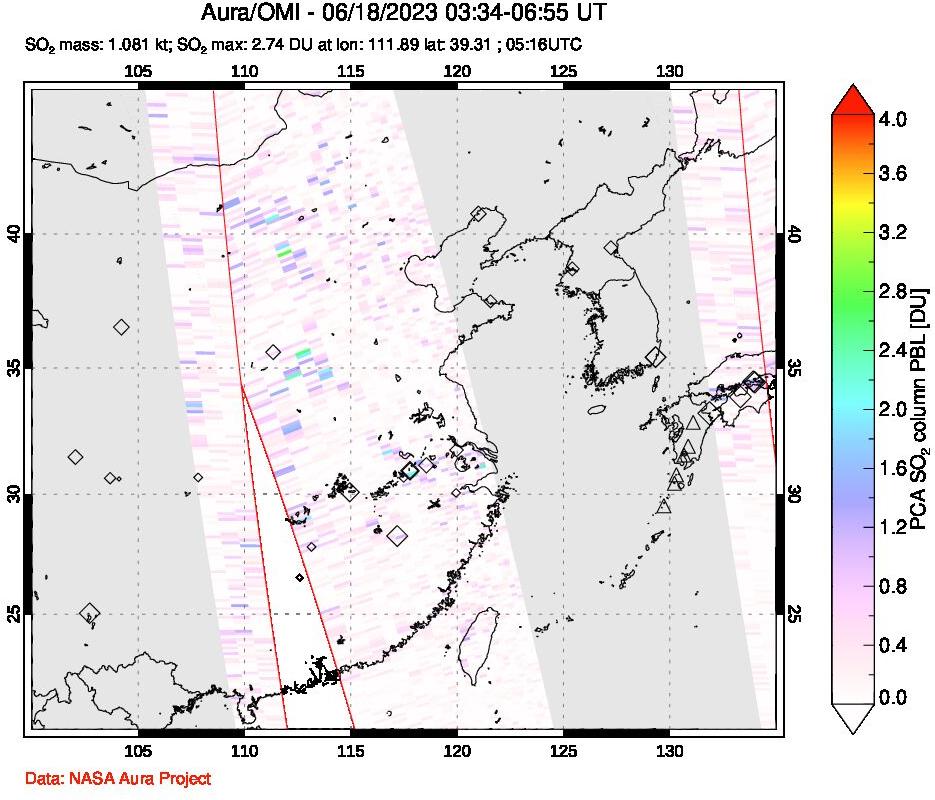 A sulfur dioxide image over Eastern China on Jun 18, 2023.