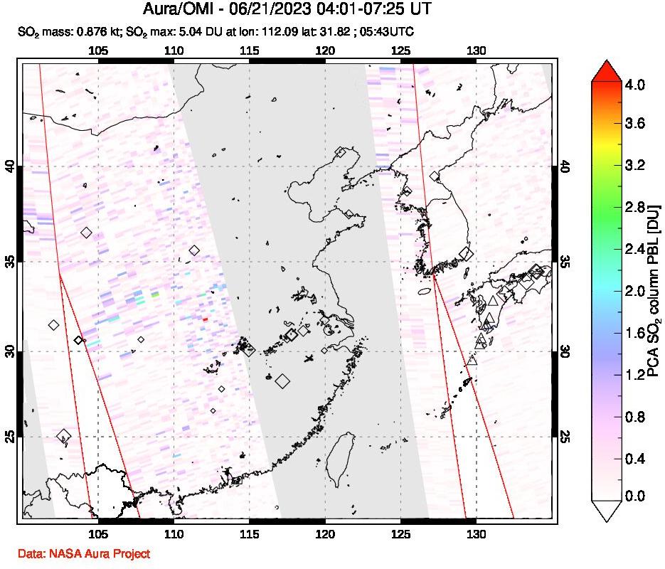 A sulfur dioxide image over Eastern China on Jun 21, 2023.