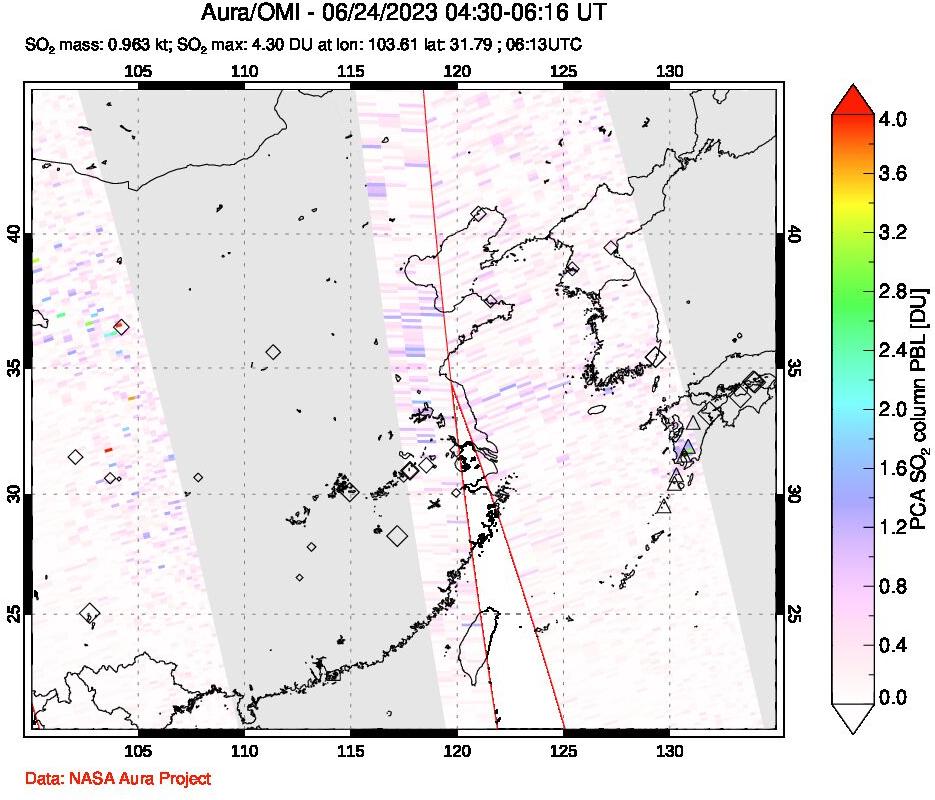 A sulfur dioxide image over Eastern China on Jun 24, 2023.