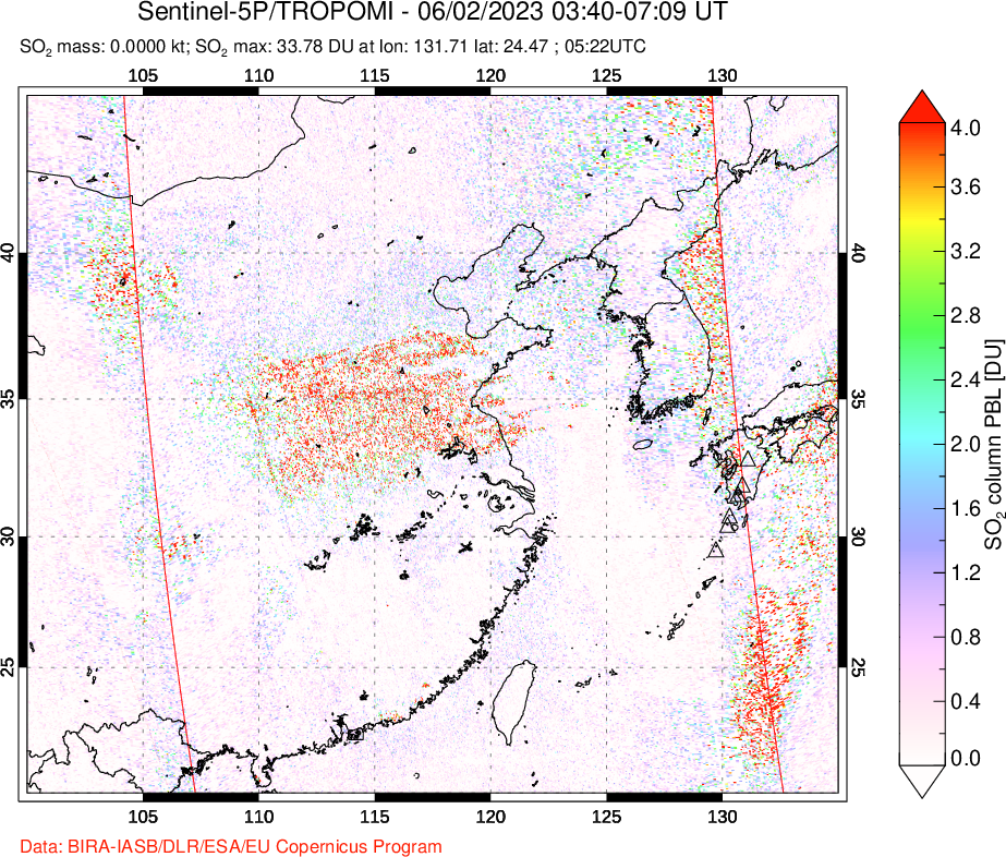 A sulfur dioxide image over Eastern China on Jun 02, 2023.
