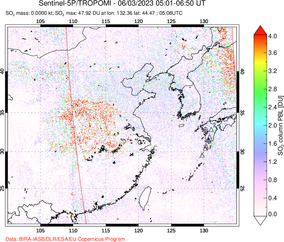 A sulfur dioxide image over Eastern China on Jun 03, 2023.
