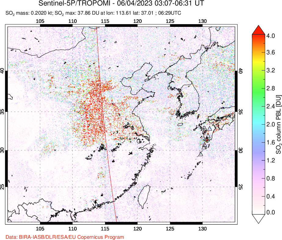 A sulfur dioxide image over Eastern China on Jun 04, 2023.