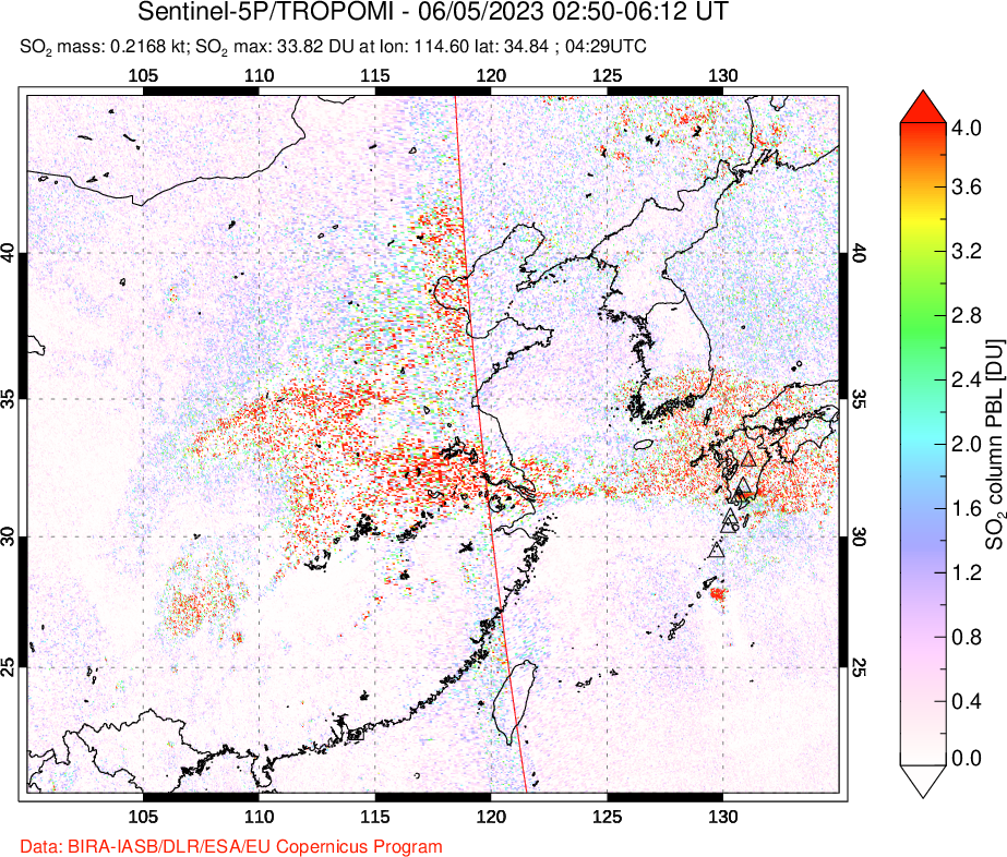 A sulfur dioxide image over Eastern China on Jun 05, 2023.