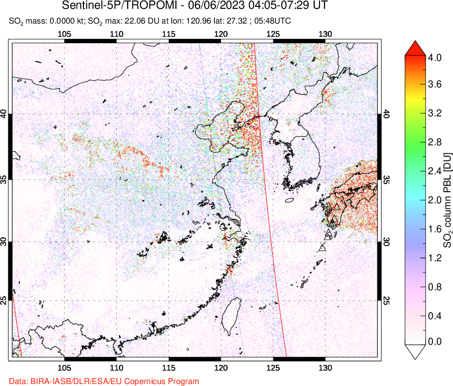 A sulfur dioxide image over Eastern China on Jun 06, 2023.